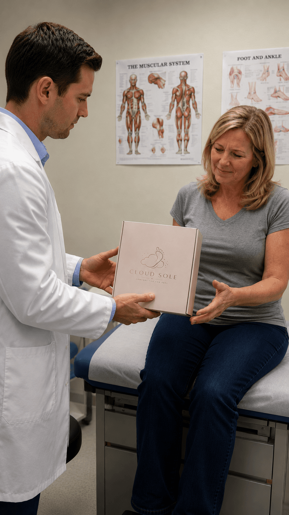 A doctor handing CloudSole to a patient